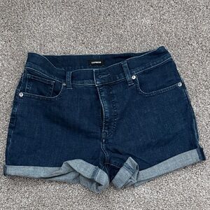 Express Dark Blue Rolled-Cuff Denim Shorts - Stretch Mid Rise